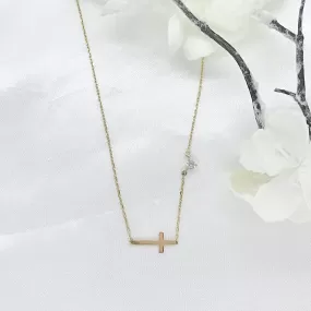 10K Gold Sideways Cross Necklace with CZ