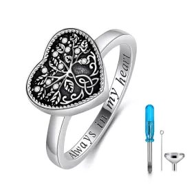 925 Sterling Silver Heart Celtic Tree of Life Cremation Urn Ring Holds Loved Ones Ashes Always in My Heart Urn Ring for Ashes for Women