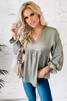 Beaming With Beauty V-Neck Babydoll Top : Light Olive