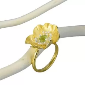 Blooming Anemone Peridot Flower Adjustable Ring - 925 Sterling Silver