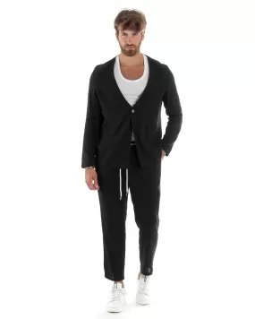 Completo Set Coordinato Uomo Lino Elegante Giacca Monopetto Senza Revers Scollata Pantaloni Basic Con Coulisse Outfit Regular Fit Nero GIOSAL-OU2466A