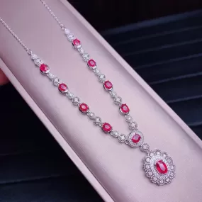 Flower Ruby and Diamond Pendant 925 Sterling Silver Necklace