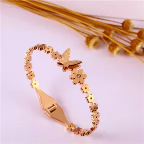 Rose Gold Stainless Steel CZ Flower Butterfly Hinged Bangle Bracelet