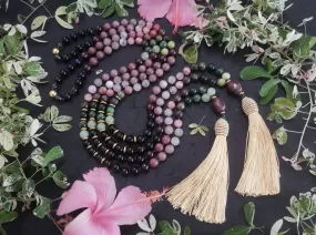 Stunning Black Tourmaline, Lepidolite, Pink Quartz, Garnet, Bloodstone in Champagne Gold Tassel